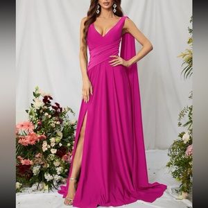 Luxe slit thigh draped sleeve party holidays formal gown dress